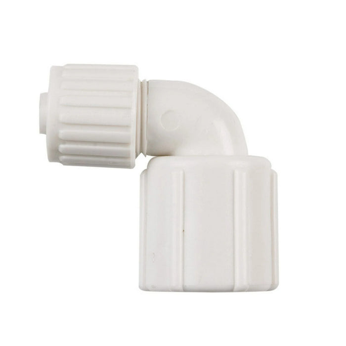White Polysulfone Swivel Elbow Fitting 3/8 x 1/2 FPT - Side View | United RV Parts