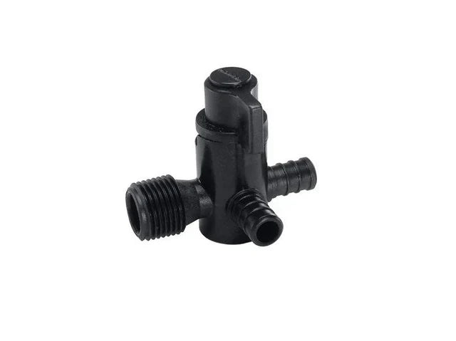 Black Plastic Flair-It EcoPoly 1/2" Barb 3-Way Bypass Valve 29910 - Front Angle View | United RV Parts