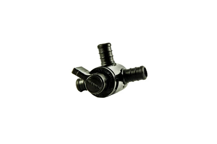Black Flair-It EcoPoly 1/2" Barb 3-Way Bypass Valve 29910 Showing Barb Ports - Side View | United RV Parts