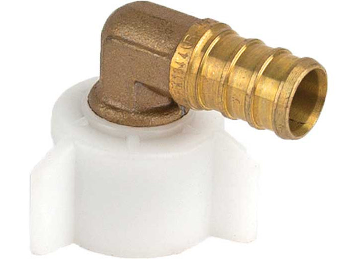 Flair-It 51198 PEX 1/2" Barb x FPT Swivel Elbow - Brass Body with White Plastic Nut, Angled View | United RV Parts