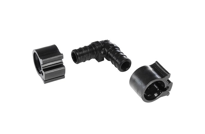 Black Flair-It PEXLOCK 1/2" 90° Elbow with Two Clamps - Components Spread View | United RV Parts