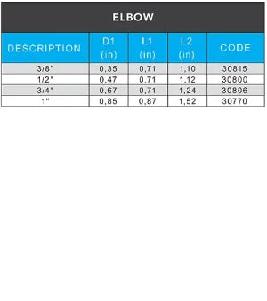 Flair-It PEXLOCK Elbow Fitting Dimension Chart - Sizes 3/8" to 1" with Model Codes | United RV Parts