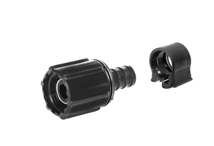 Black Plastic Flair-It PEXLOCK 1/2" Swivel End Nut Coupling 30873 - Side View with Clip | United RV Parts