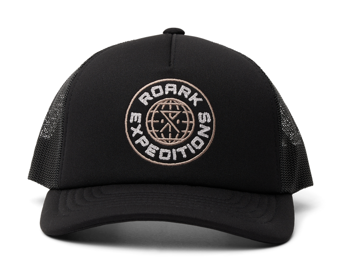 Stylish black Roark trucker hat perfect for outdoor adventures and travels