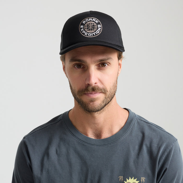 Stylish black Roark cricket cap designed for adventure and outdoor activities, perfect for travel and exploration.