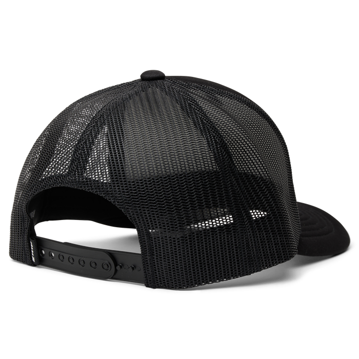 Adventure-ready Roark black trucker hat with mesh back, perfect for travel and outdoor activities.