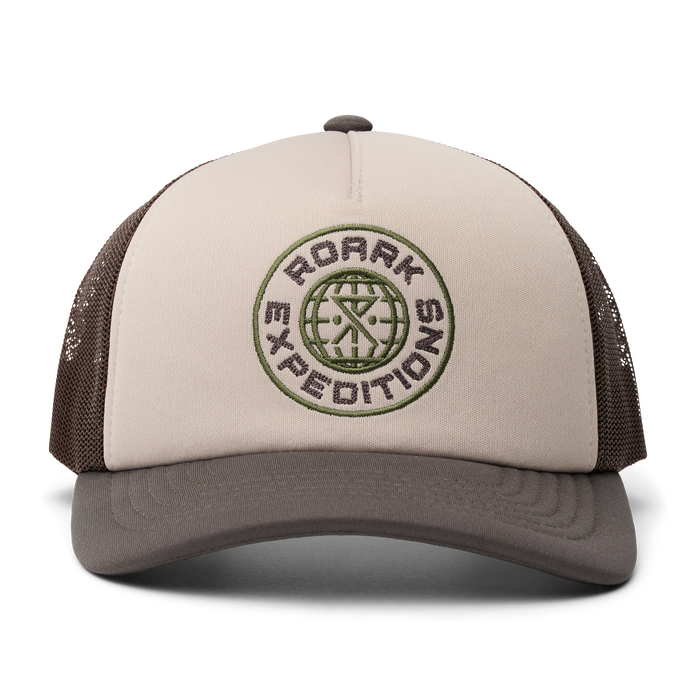 Stylish Roark trucker hat in a neutral color perfect for outdoor adventures and travel