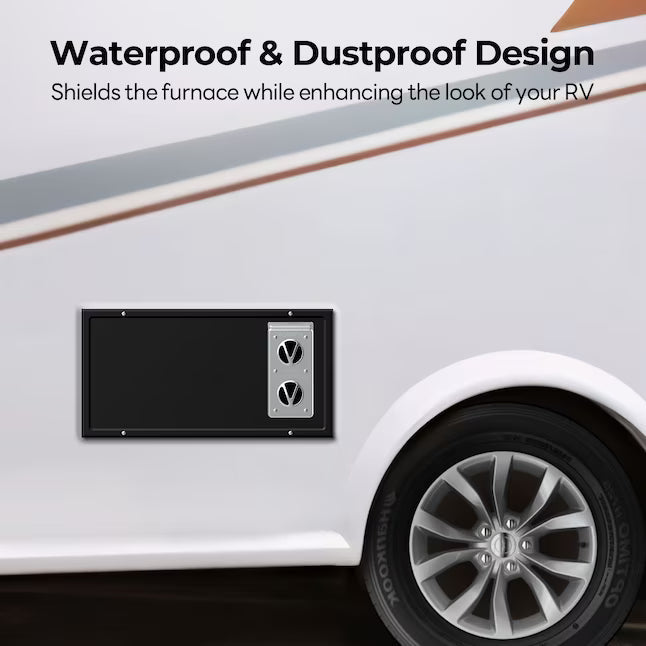 Black Fogatti RV Furnace Door Panel Installed on RV Exterior - Waterproof Dustproof Design | United RV Parts