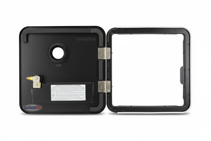 Fogatti FS09D1B Black RV Access Door - Interior Back View with Pressure Relief Valve and Hinges | United RV Parts