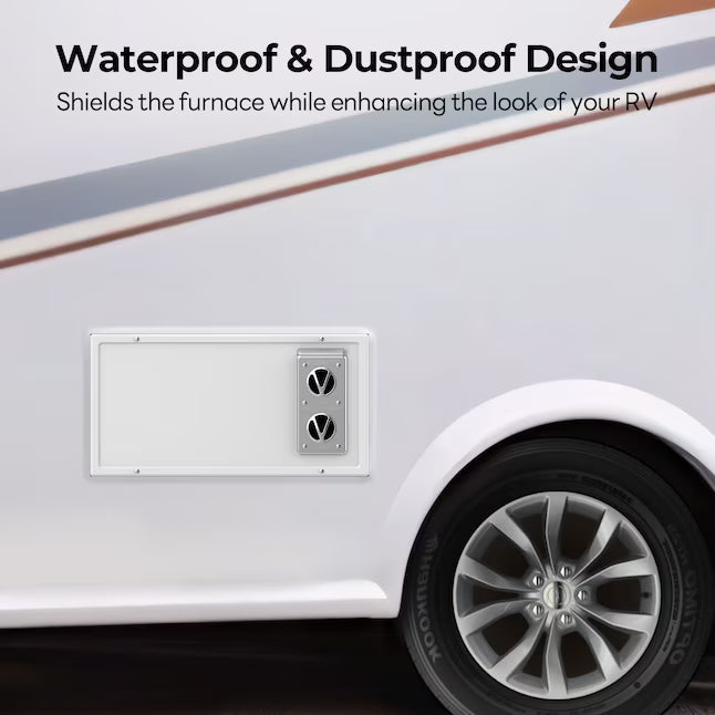 White Fogatti RV Furnace Door Panel Installed on RV Exterior - Waterproof Dustproof Design | United RV Parts
