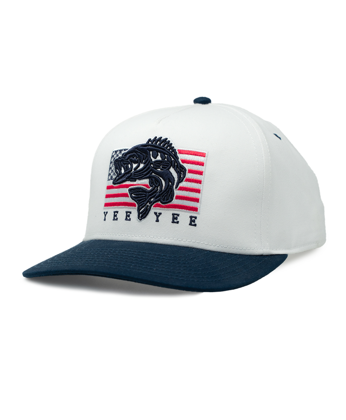 White cap with black and red graphic design on a white background