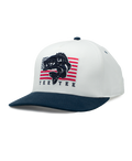White cap with black and red graphic design on a white background