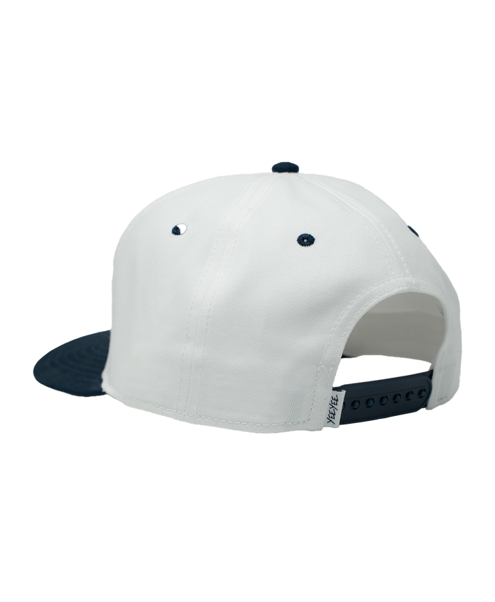 White cap with black brim and bill on a white background
