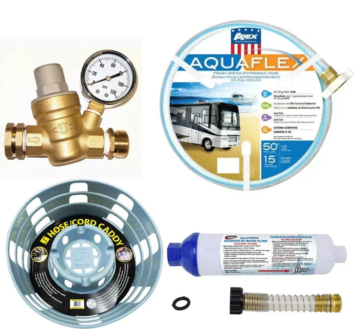 RV Fresh Water Bundle - Brass Regulator, Teknor Apex AquaFlex 50ft Hose, Hose Caddy & Water Filter | United RV Parts