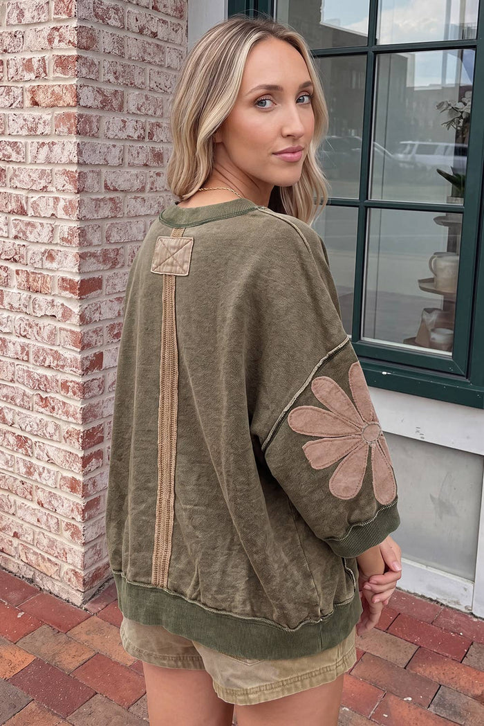 F/W Western Mineral Wash Raw Seam Patchwork 3/4 Sleeve Top: Breen / XL