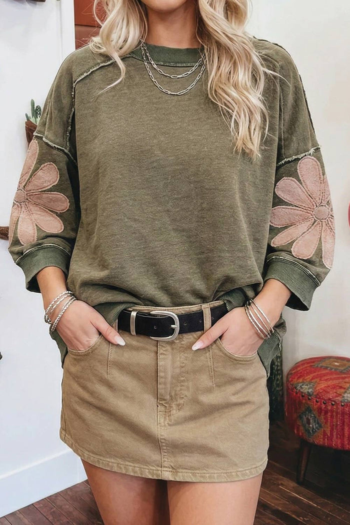 F/W Western Mineral Wash Raw Seam Patchwork 3/4 Sleeve Top: Breen / XL