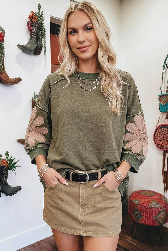 F/W Western Mineral Wash Raw Seam Patchwork 3/4 Sleeve Top: Breen / XL