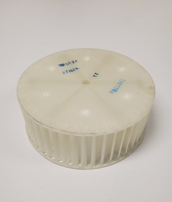 White Plastic GE Appliances Blower Wheel WJ73X25396 - Top View Showing Part Markings | United RV Parts