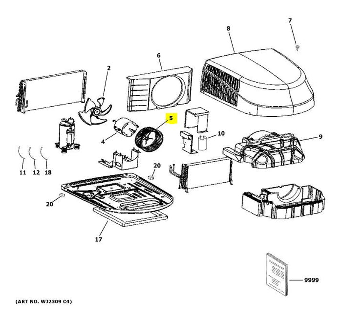 GE Appliances Air Conditioner Exploded Parts Diagram WJ73X25396 Blower Wheel Position 5 | United RV Parts