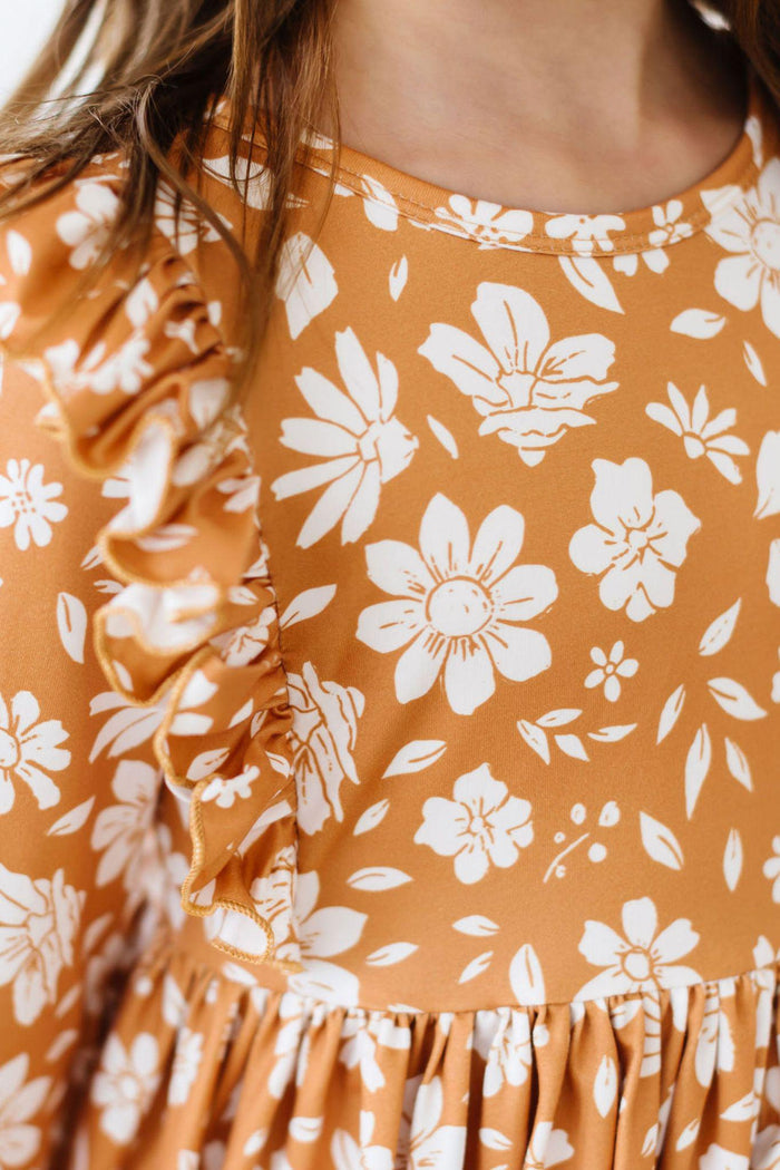 Golden Blooms 3/4 Sleeve Ruffle Twirl Dress-Mila & Rose ®