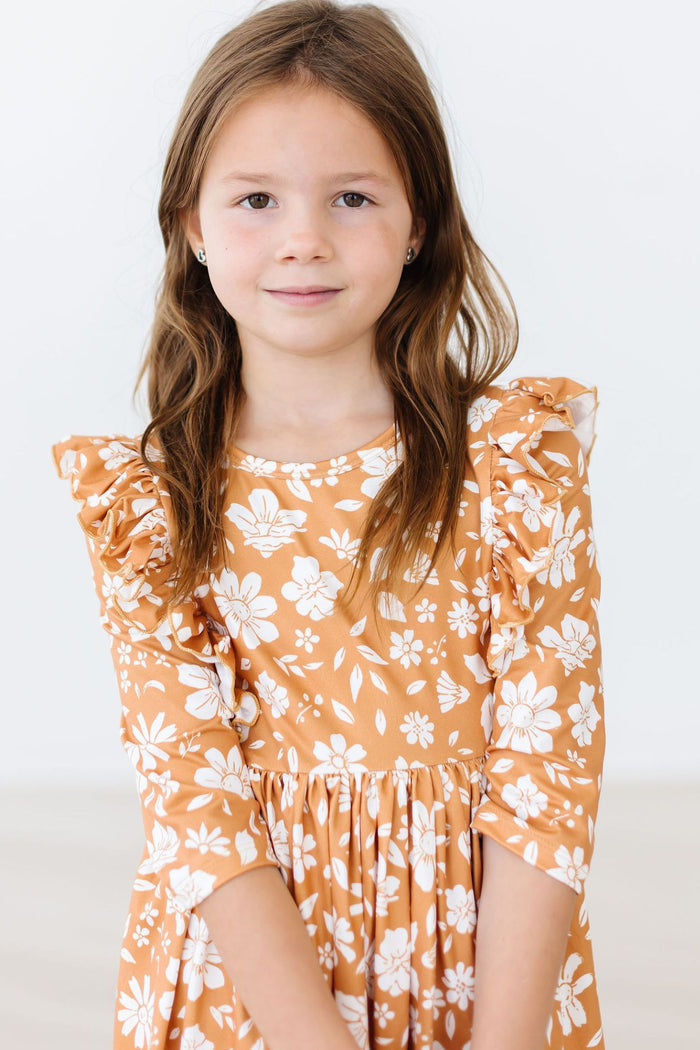 Golden Blooms 3/4 Sleeve Ruffle Twirl Dress-Mila & Rose ®