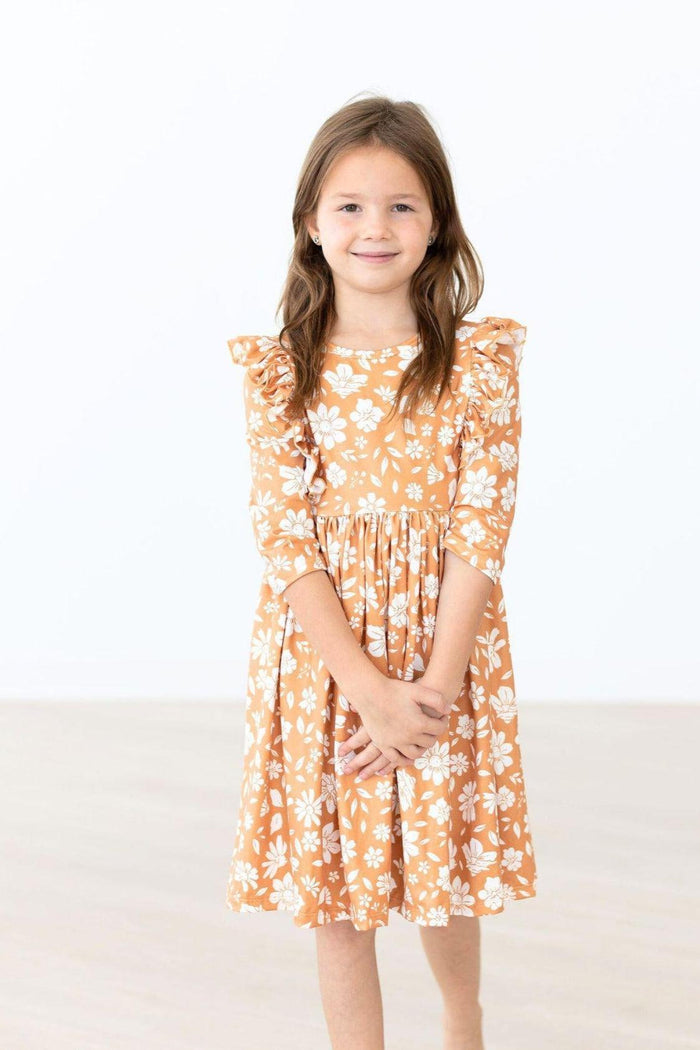Golden Blooms 3/4 Sleeve Ruffle Twirl Dress-Mila & Rose ®
