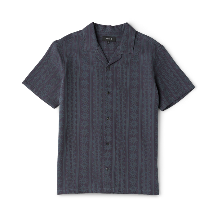 Charcoal Gonzo short sleeve button up shirt with jacquard damask stripe pattern, flat lay on white background