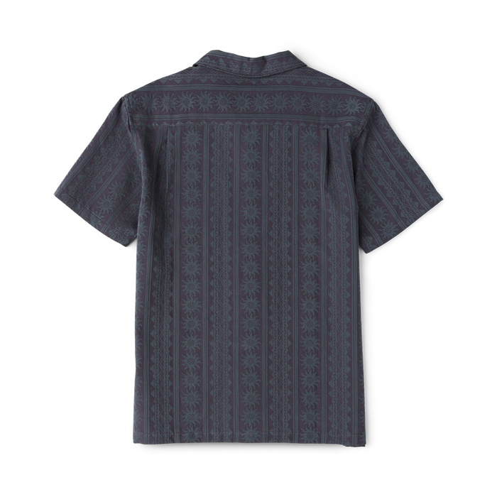 Charcoal Gonzo short sleeve button up shirt with vertical stripe and damask pattern design, flat lay back view