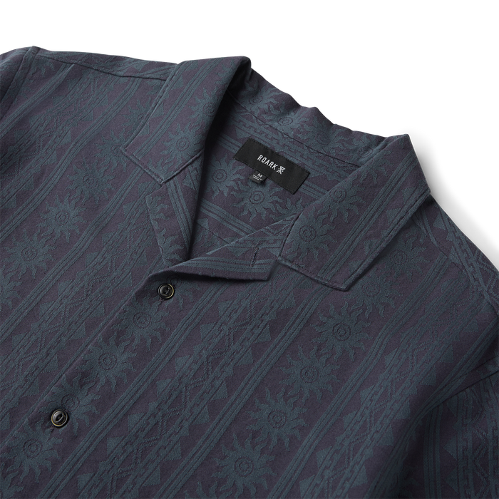Roark Gonzo short sleeve button up shirt in ebony with burgundy damask stripe pattern, flat lay detail showing collar and buttons