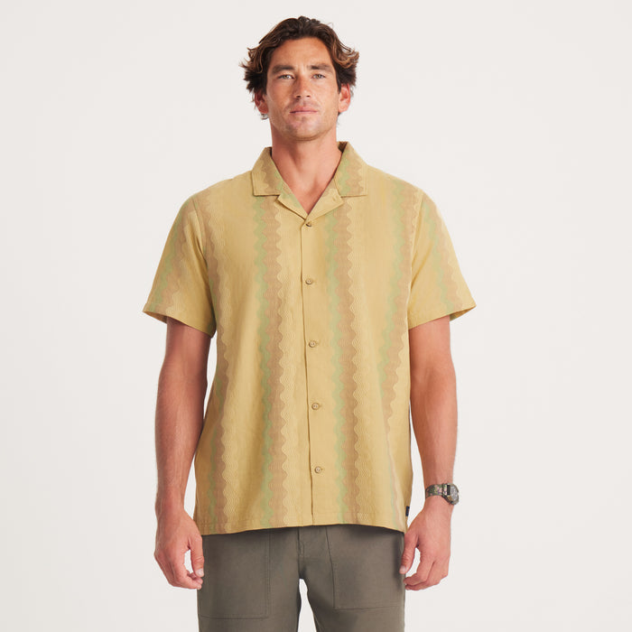 Roark Gonzo Woven Shirt: vibrant zigzag pattern in earthy tones for a relaxed summer vibe.