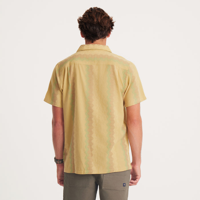 Close-up of the shirt's front, emphasizing the button-down style and vibrant zigzag pattern.