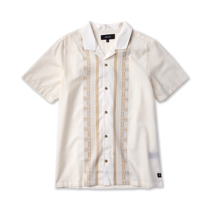 Cream short sleeve button-up shirt with tan embroidered geometric pattern down the front and white collar