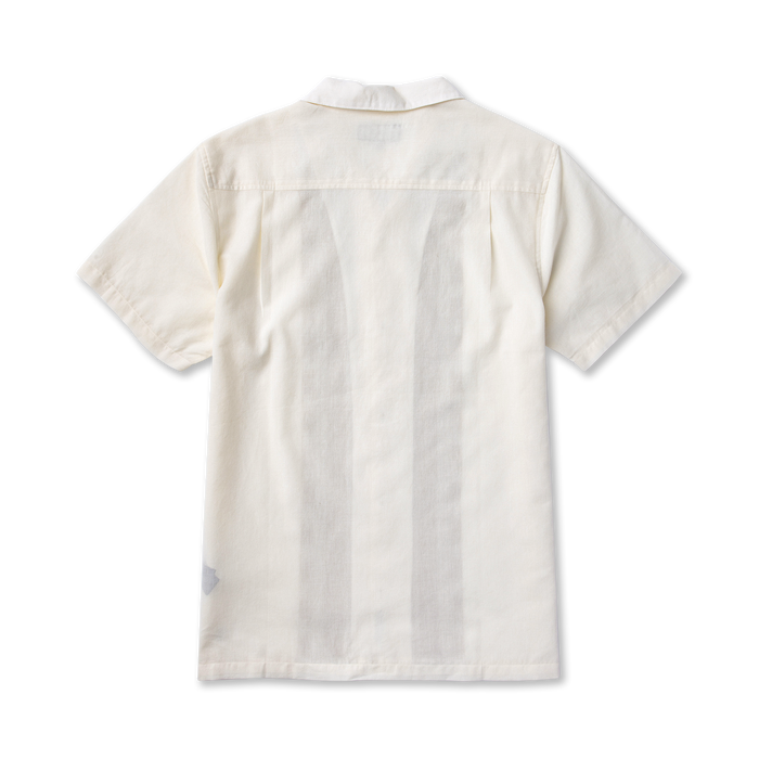 Cream short sleeve button up shirt with subtle vertical stripe pattern, displayed flat on white background, back view