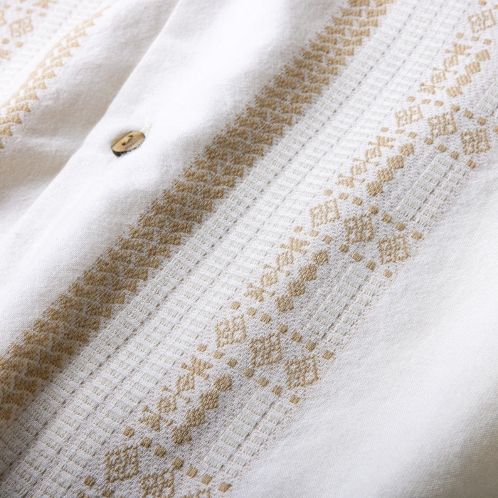 Gonzo short sleeve button up shirt in unbleached cotton with tan embroidered geometric stripe pattern detail, flat lay