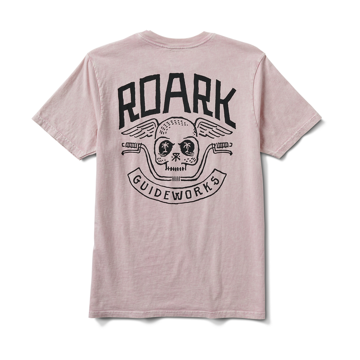 Back view of the Roark Guideworks T-Shirt in Dusty Violet, featuring a bold graphic of a skull with handlebars and wings for edgy style.