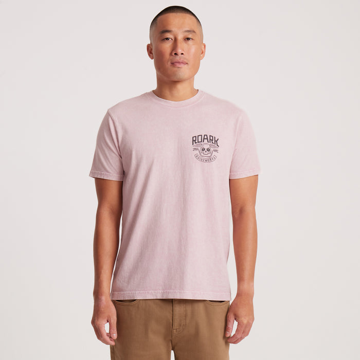 Front view of pink Roark Guideworks graphic T-shirt.