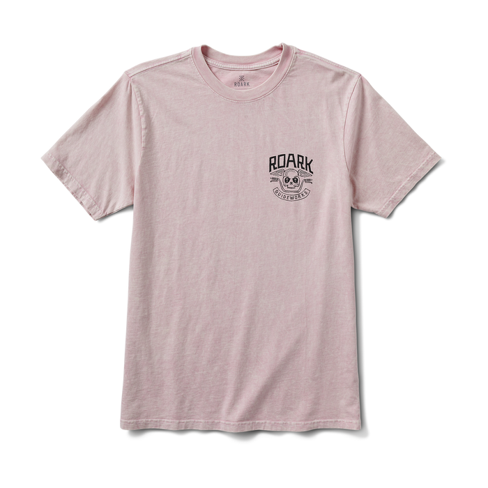 Front view of the Roark Guideworks T-Shirt in Dusty Violet, showcasing a minimalist skull emblem and premium cotton finish