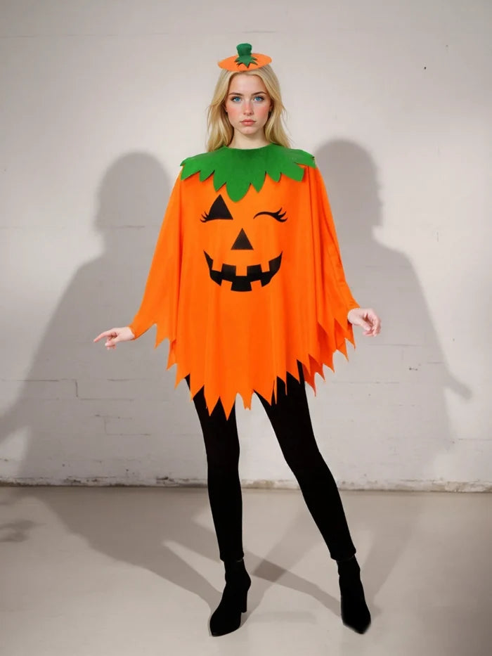 Halloween Party Adult Pumpkin Unisex Costume Cloak Pumpkin Shawl Pumpkin Hat Headband Set