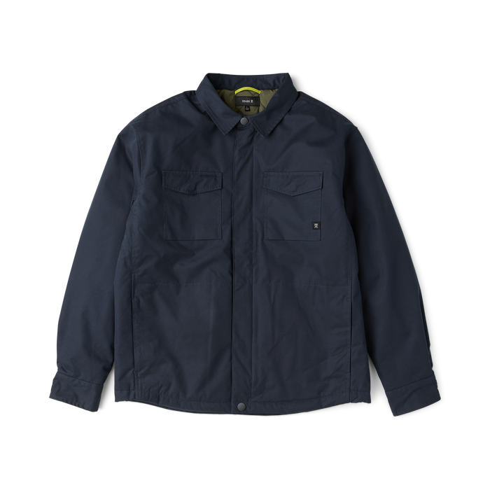 Hebrides 10k jacket in deep navy with dual chest pockets and button front closure, flat lay view