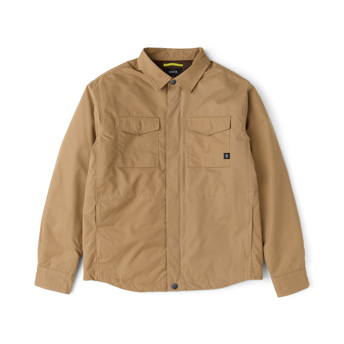 Khaki Hebrides 10k jacket with dual chest pockets and button front closure, displayed flat on white background