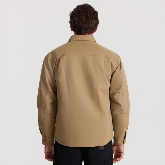 Khaki Hebrides 10k jacket worn by man shown from back view, featuring collared neckline and long sleeves against white background