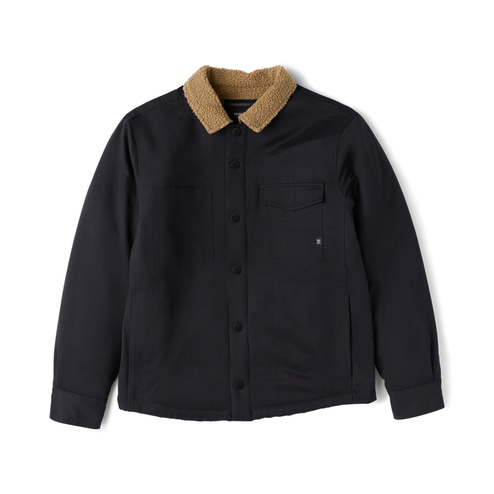 Black Hebrides 2.0 sherpa jacket with tan fleece collar and chest pocket, displayed flat on white background