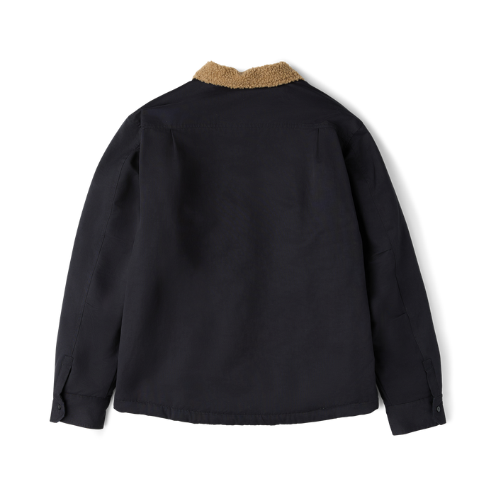 Hebrides 2.0 Sherpa Jacket in black with tan sherpa collar, shown flat lay from back view