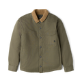 Hebrides 2.0 Sherpa Jacket in military green with tan sherpa collar, button front, and chest pockets, displayed flat lay on white background