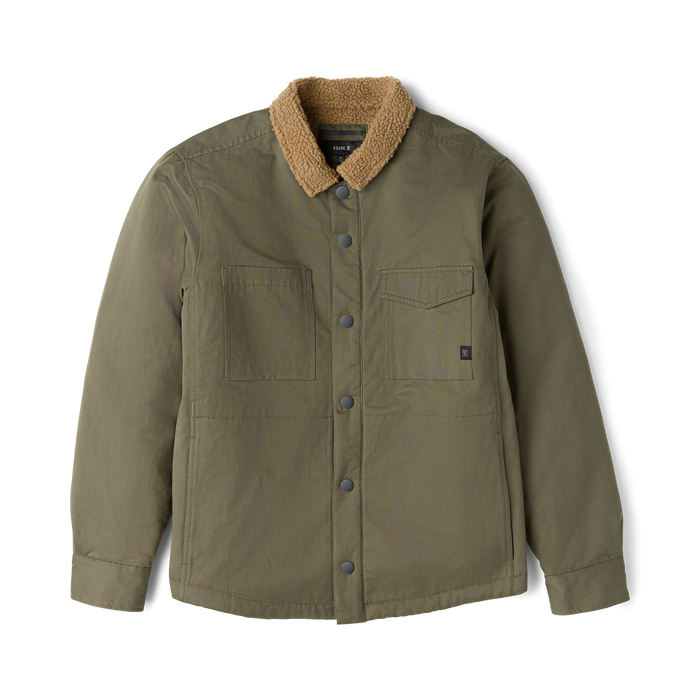 Hebrides 2.0 Sherpa Jacket in military green with tan sherpa collar, button front, and chest pockets, displayed flat lay on white background