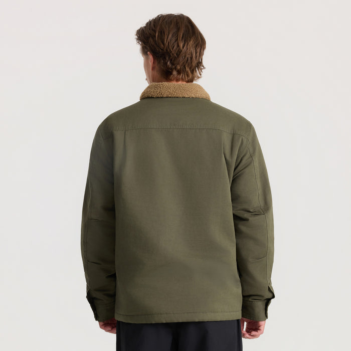 Hebrides 2.0 Sherpa Jacket in military green with tan sherpa collar, shown from back on model wearing dark pants