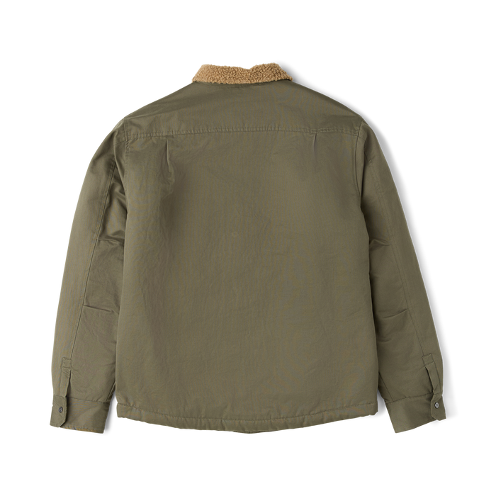 Hebrides 2.0 Sherpa Jacket in military green with tan sherpa collar, shown flat lay from back view