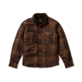 Brown plaid wool shirt jacket with sherpa collar, front chest pockets, and brass button closure displayed on flat lay against white