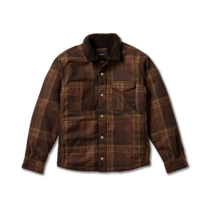 Brown plaid wool shirt jacket with sherpa collar, front chest pockets, and brass button closure displayed on flat lay against white