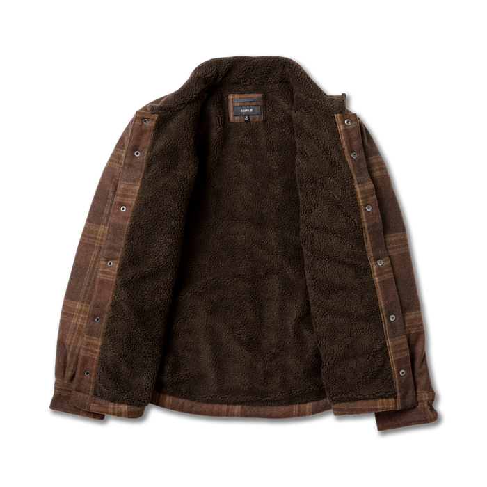 Hebrides 2.0 Sherpa Jacket in tobacco brown plaid with dark fleece lining, displayed open to show interior texture and construction details